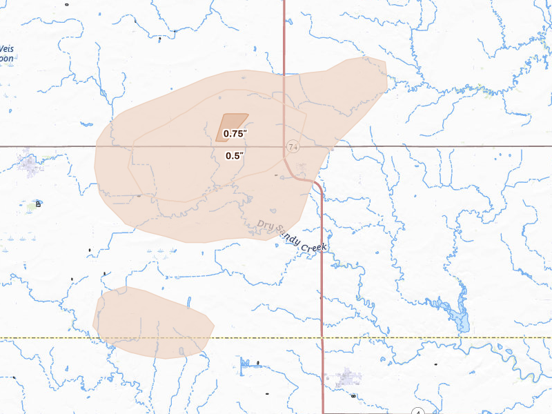 Radar-estimated hail-size map of the storm over Strang, NE on May 15, 2026