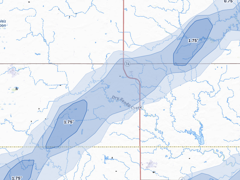 NEXRAD radar-signature map of the hail storm over Strang, NE on May 18, 2026