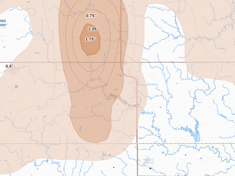 Radar-estimated hail-size map of the storm over Strang, NE on Jun 5, 2026