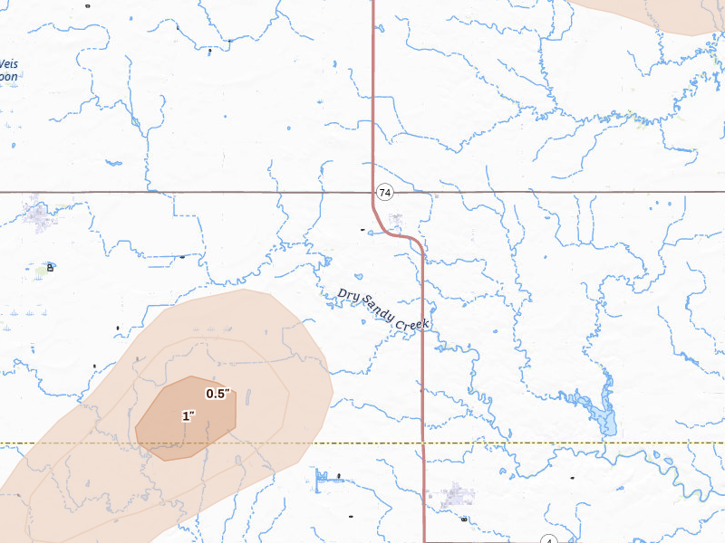 Radar-estimated hail-size map of the storm over Strang, NE on Jul 3, 2026
