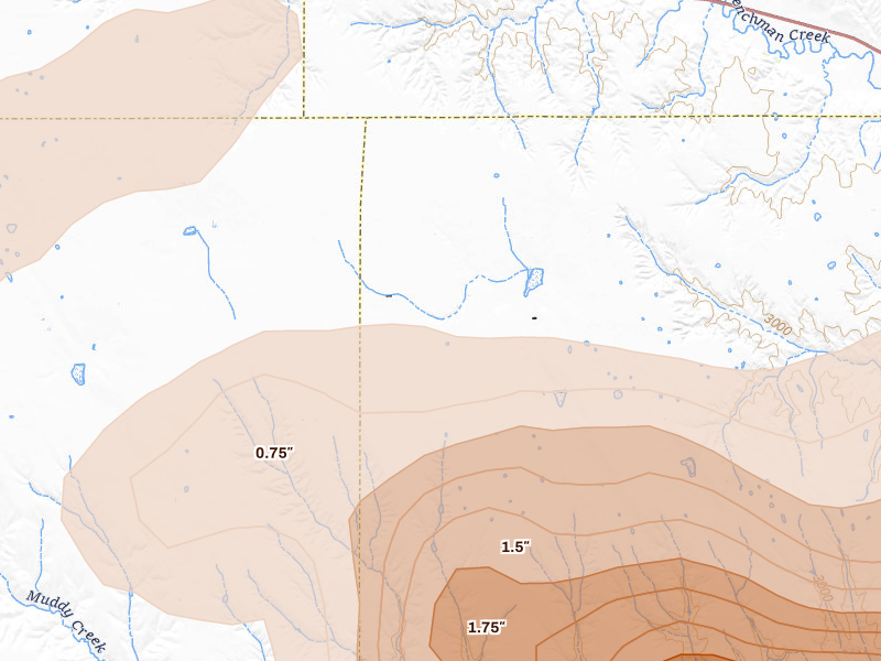 Radar-estimated hail-size map of the storm over Stratton, NE on Jun 20, 2026