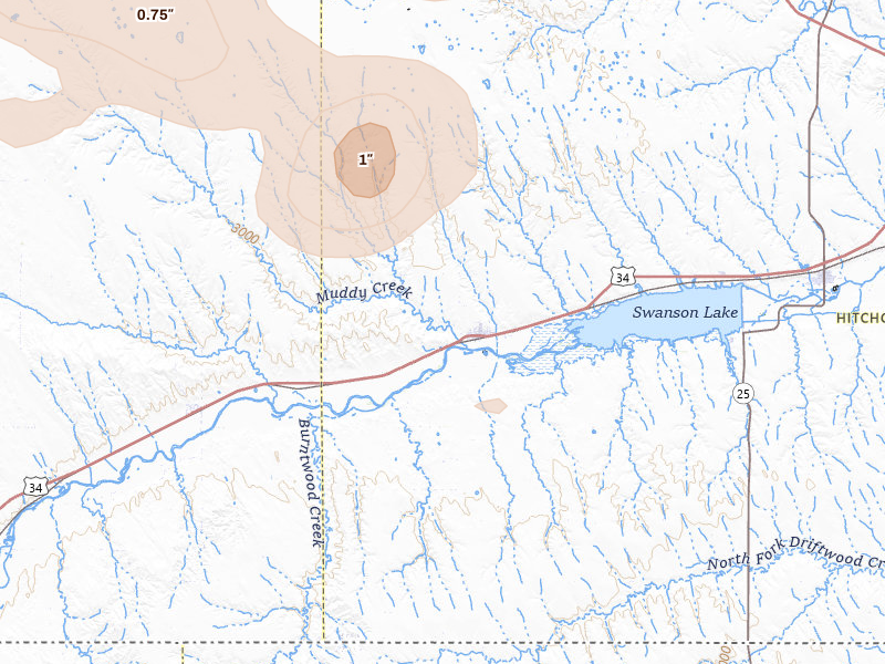 Radar-estimated hail-size map of the storm over Stratton, NE on Jun 22, 2026