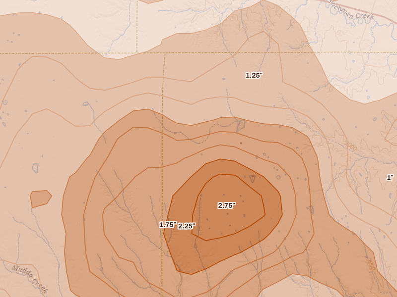 Radar-estimated hail-size map of the storm over Stratton, NE on Jul 2, 2026