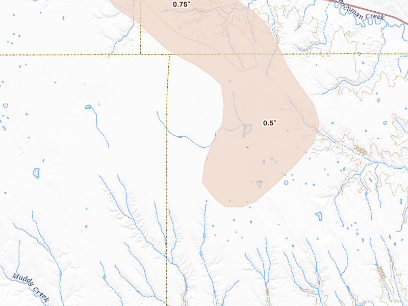 Radar-estimated hail-size map of the storm over Stratton, NE on Jul 8, 2026