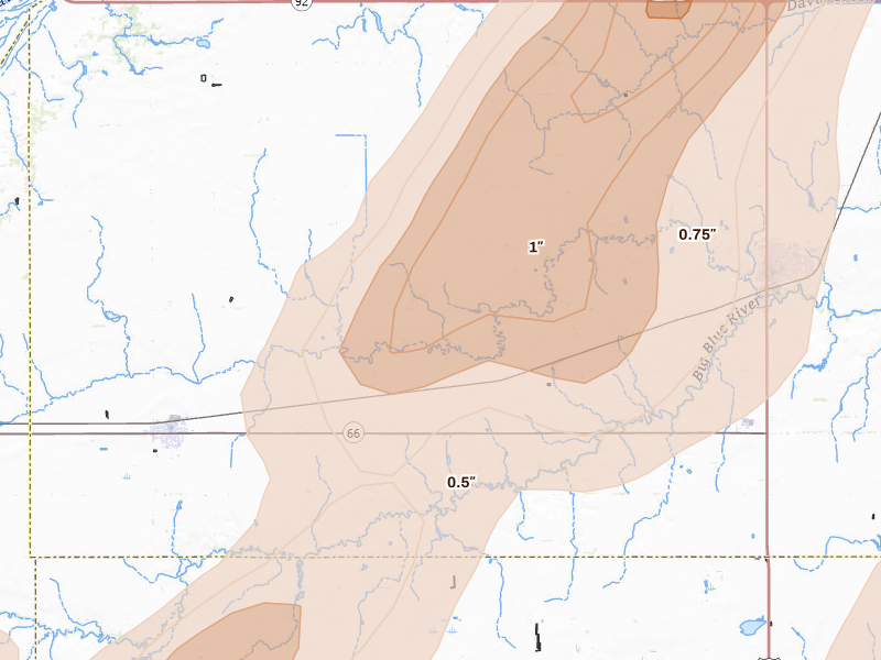 Radar-estimated hail-size map of the storm over Stromsburg, NE on May 16, 2026