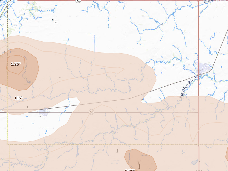 Radar-estimated hail-size map of the storm over Stromsburg, NE on Jun 5, 2026