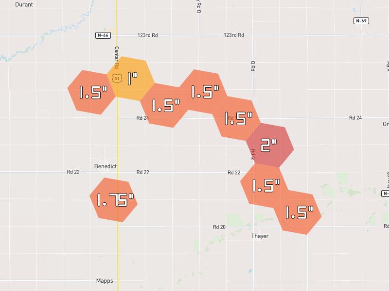 Hail map of Stromsburg, NE on Jun 6, 2026, hail up to 2"