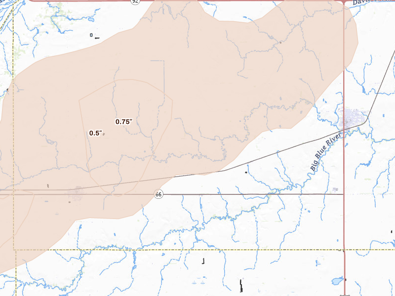 Radar-estimated hail-size map of the storm over Stromsburg, NE on Jun 9, 2026