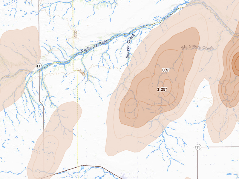 Radar-estimated hail-size map of the storm over Stuart, NE on May 17, 2026