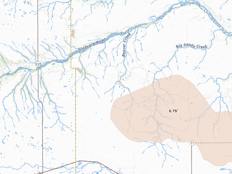 Radar-estimated hail-size map of the storm over Stuart, NE on Jul 30, 2026