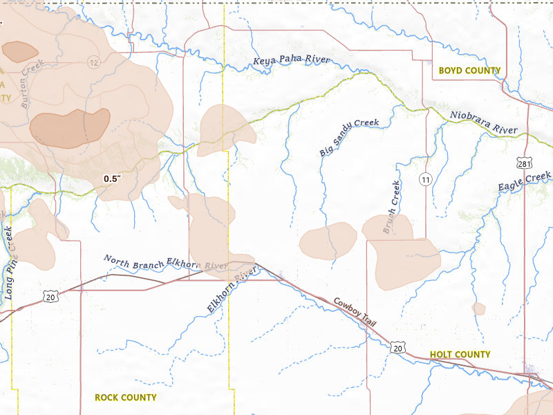 Radar-estimated hail-size map of the storm over Stuart, NE on Aug 11, 2026