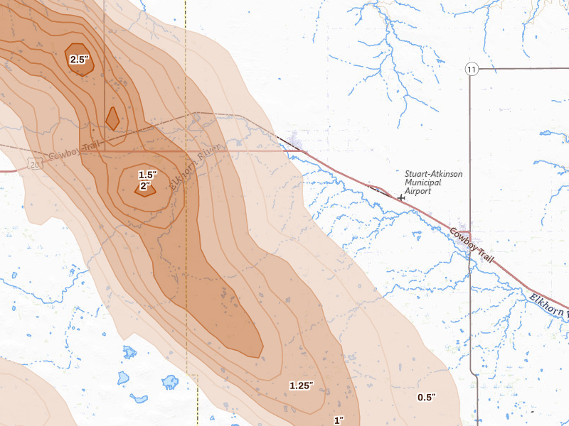 Radar-estimated hail-size map of the storm over Stuart, NE on Aug 19, 2026