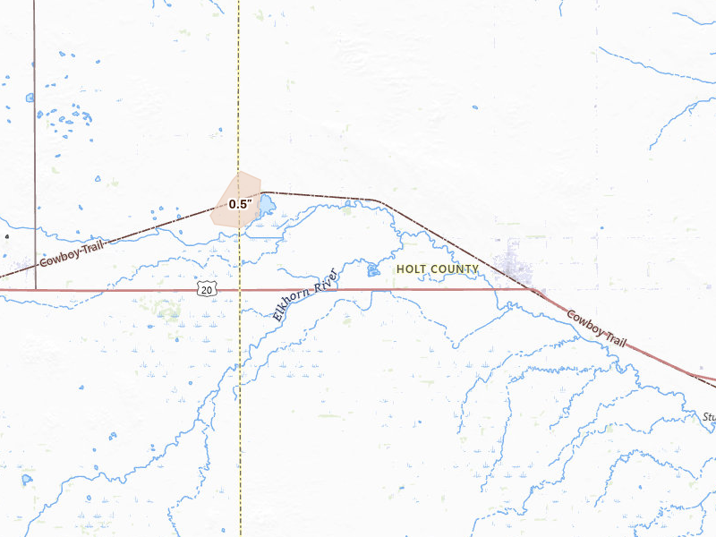 Radar-estimated hail-size map of the storm over Stuart, NE on Aug 20, 2026