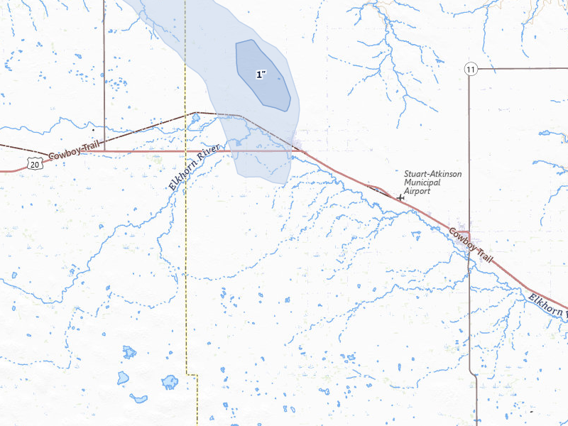 NEXRAD radar-signature map of the hail storm over Stuart, NE on Aug 20, 2026