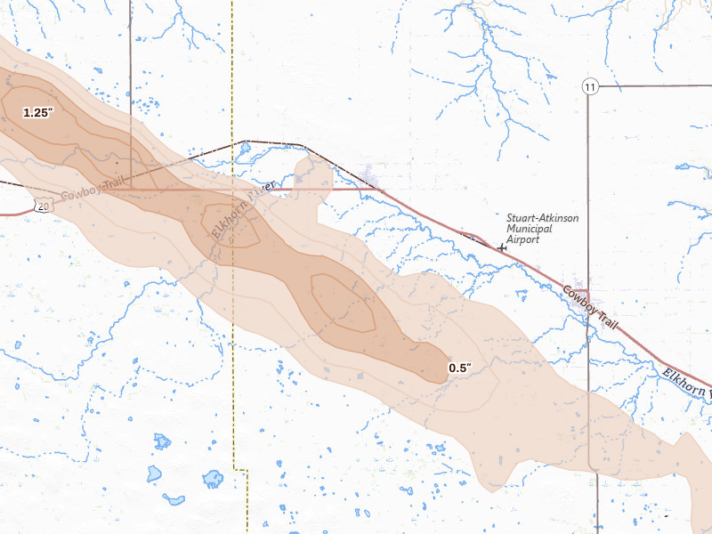 Radar-estimated hail-size map of the storm over Stuart, NE on Aug 21, 2026
