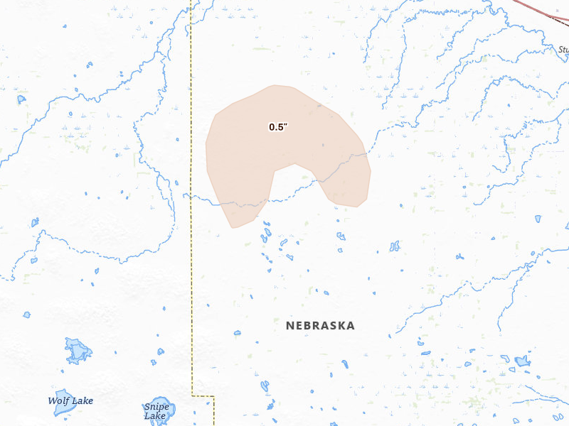 Radar-estimated hail-size map of the storm over Stuart, NE on Aug 23, 2026