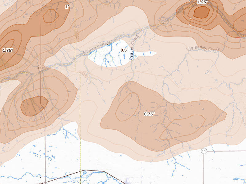 Radar-estimated hail-size map of the storm over Stuart, NE on Sep 1, 2026
