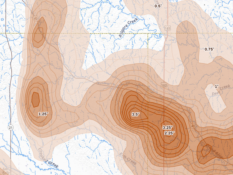 Radar-estimated hail-size map of the storm over Sumner, NE on May 16, 2026