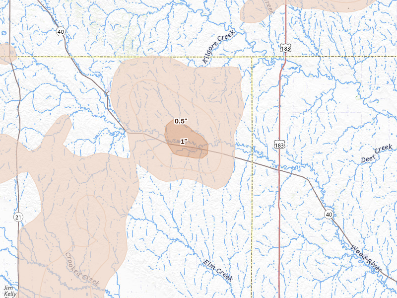 Radar-estimated hail-size map of the storm over Sumner, NE on May 30, 2026