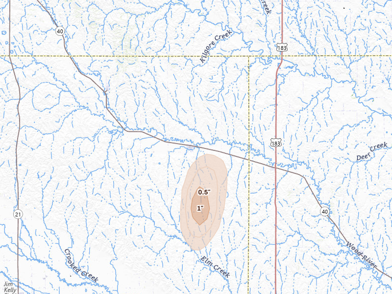 Radar-estimated hail-size map of the storm over Sumner, NE on Jun 3, 2026