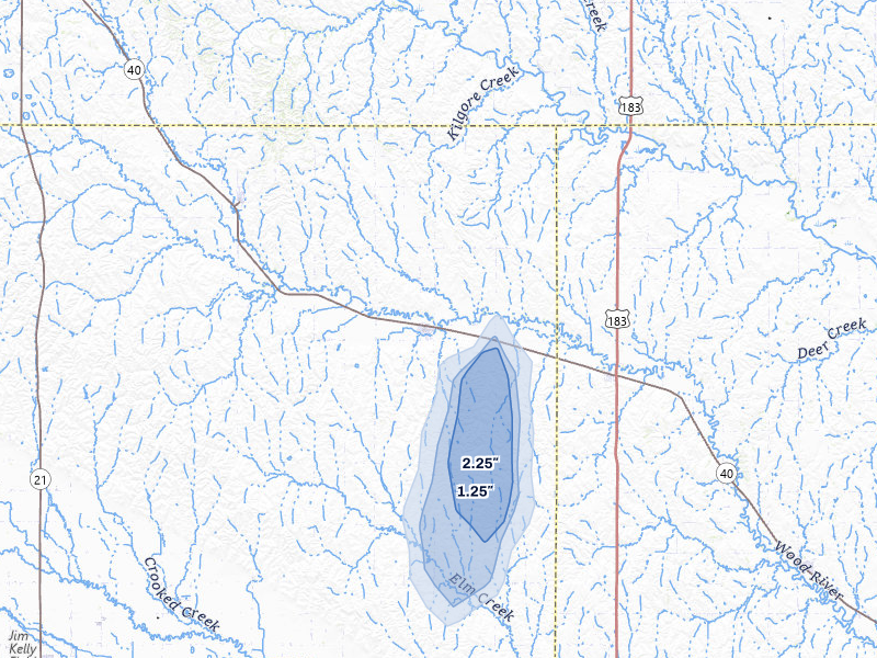 NEXRAD radar-signature map of the hail storm over Sumner, NE on Jun 3, 2026