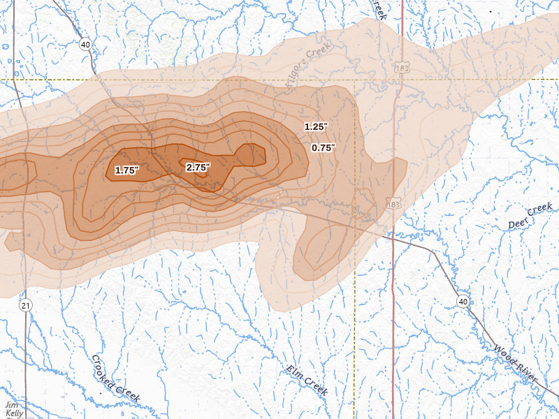 Radar-estimated hail-size map of the storm over Sumner, NE on Jun 8, 2026