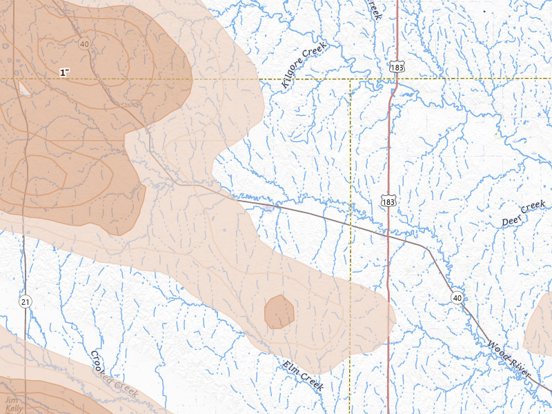 Radar-estimated hail-size map of the storm over Sumner, NE on Jul 30, 2026