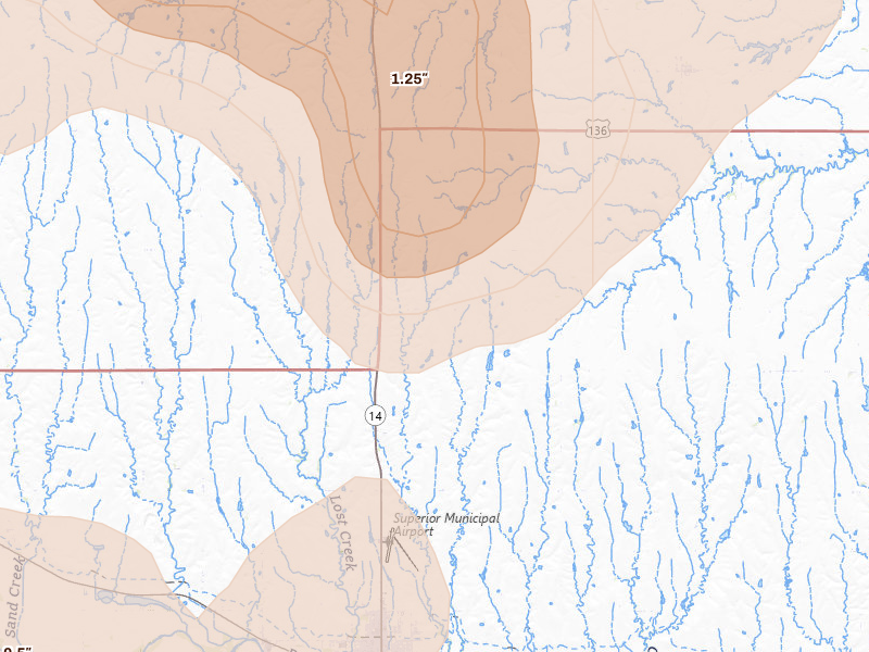 Radar-estimated hail-size map of the storm over Superior, NE on May 16, 2026