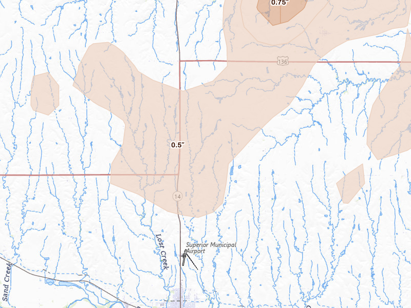Radar-estimated hail-size map of the storm over Superior, NE on Jun 5, 2026