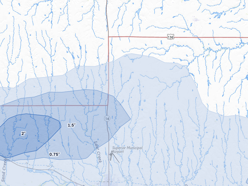 NEXRAD radar-signature map of the hail storm over Superior, NE on Jul 3, 2026