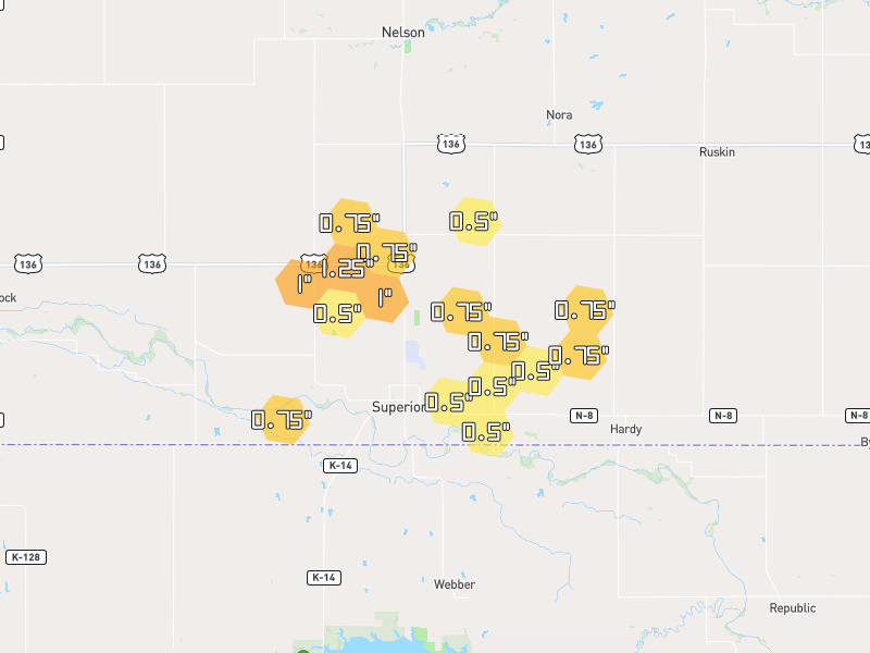 Hail map of Superior, NE on Jul 3, 2026, hail up to 1.25"