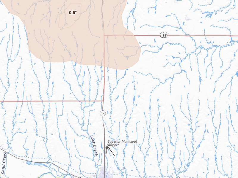 Radar-estimated hail-size map of the storm over Superior, NE on Jul 8, 2026