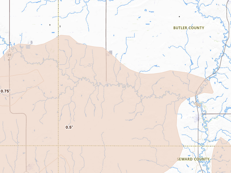 Radar-estimated hail-size map of the storm over Surprise, NE on Aug 17, 2026