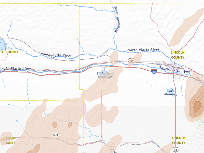 Radar-estimated hail-size map of the storm over Sutherland, NE on Jun 8, 2026