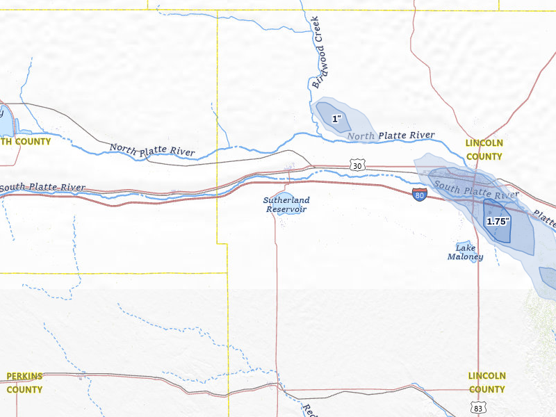 NEXRAD radar-signature map of the hail storm over Sutherland, NE on Jul 30, 2026