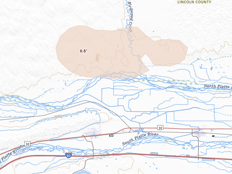 Radar-estimated hail-size map of the storm over Sutherland, NE on Aug 3, 2026