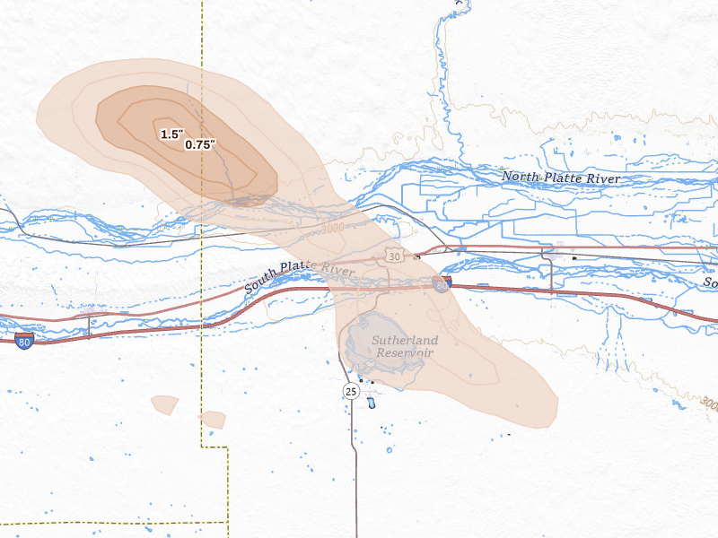 Radar-estimated hail-size map of the storm over Sutherland, NE on Aug 15, 2026