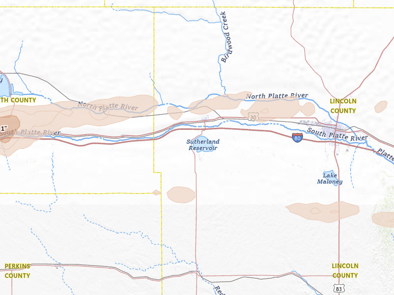 Radar-estimated hail-size map of the storm over Sutherland, NE on Aug 17, 2026
