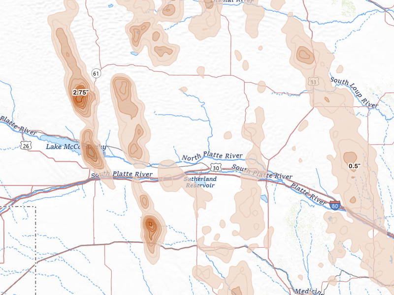 Radar-estimated hail-size map of the storm over Sutherland, NE on Aug 27, 2026