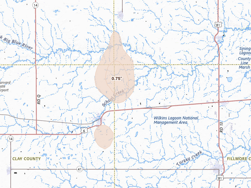 Radar-estimated hail-size map of the storm over Sutton, NE on Jun 1, 2026