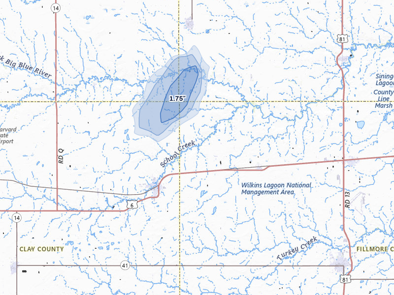 NEXRAD radar-signature map of the hail storm over Sutton, NE on Jun 1, 2026