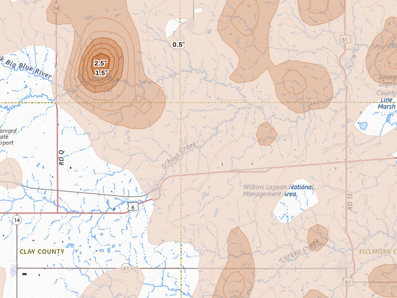 Radar-estimated hail-size map of the storm over Sutton, NE on Jun 5, 2026
