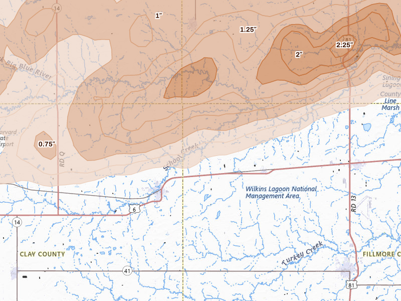 Radar-estimated hail-size map of the storm over Sutton, NE on Jun 10, 2026