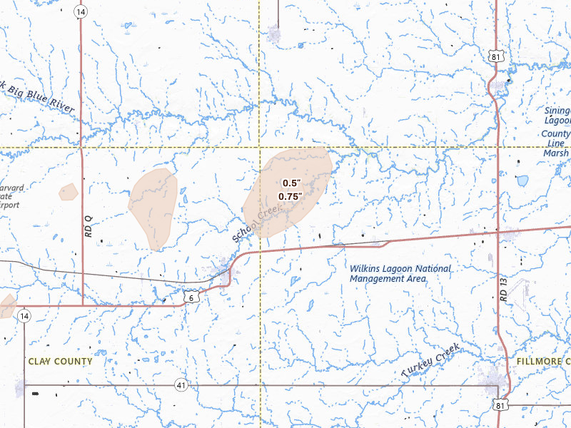 Radar-estimated hail-size map of the storm over Sutton, NE on Jul 1, 2026