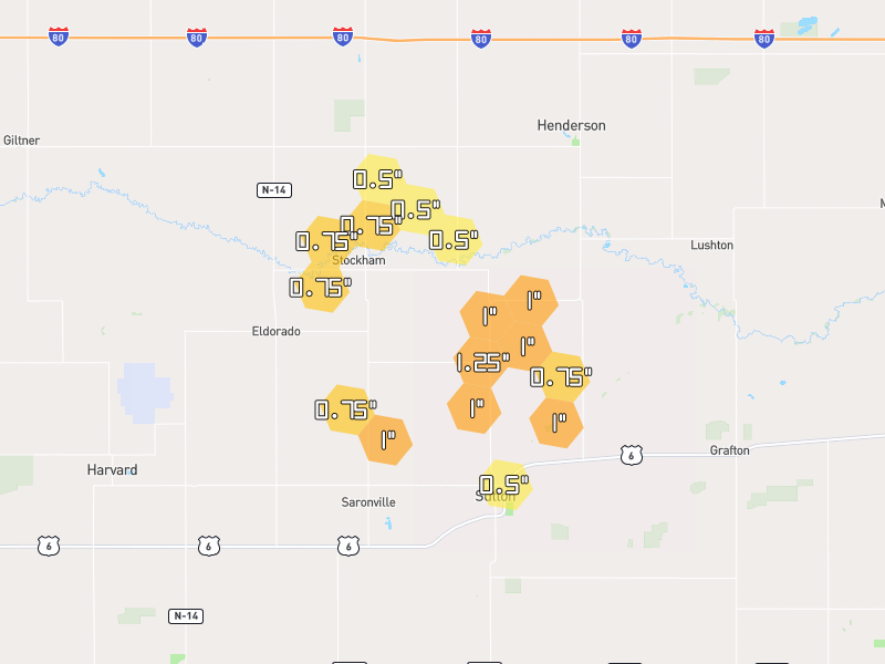 Hail map of Sutton, NE on Jul 2, 2026, hail up to 1.25"
