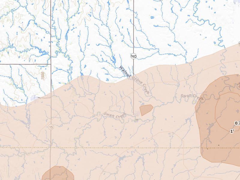 Radar-estimated hail-size map of the storm over Swanton, NE on Apr 25, 2026
