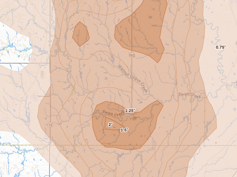 Radar-estimated hail-size map of the storm over Swanton, NE on Jun 5, 2026