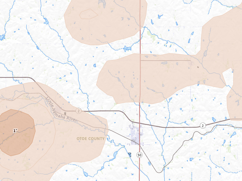 Radar-estimated hail-size map of the storm over Syracuse, NE on Jun 5, 2026