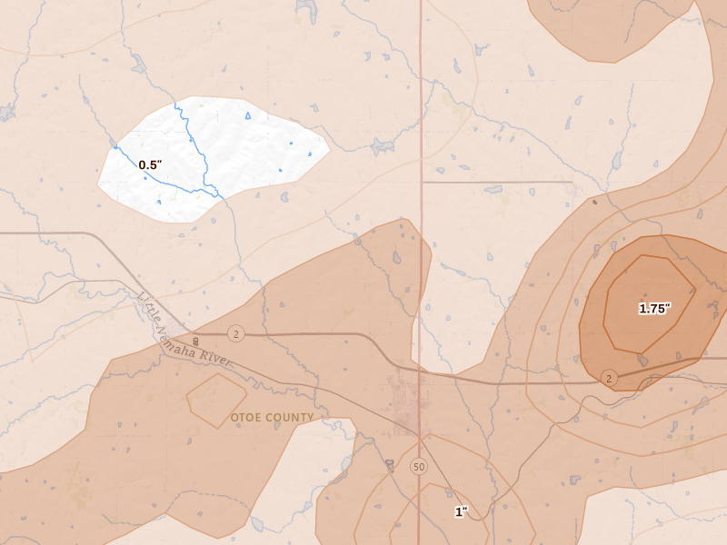 Radar-estimated hail-size map of the storm over Syracuse, NE on Jun 10, 2026