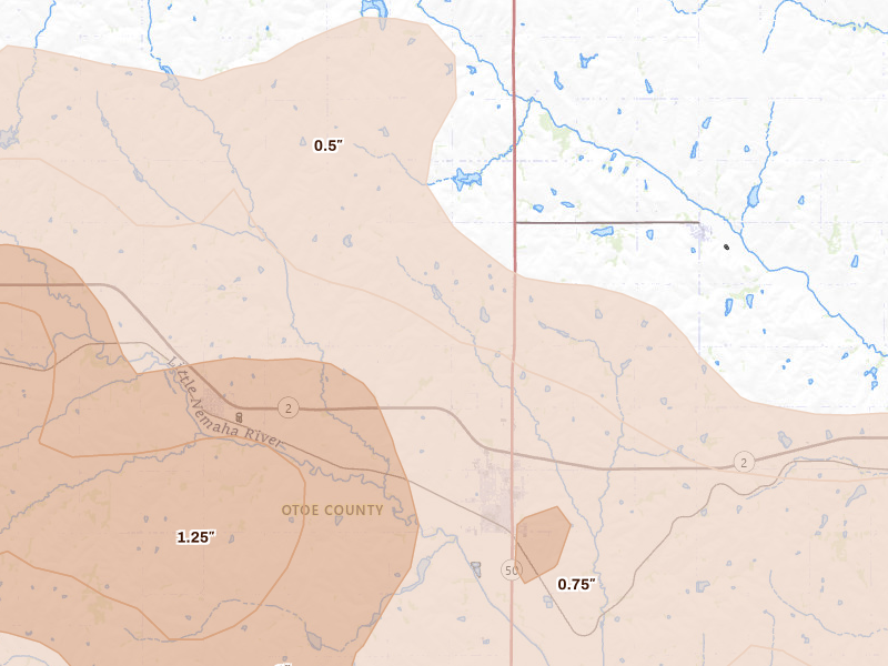 Radar-estimated hail-size map of the storm over Syracuse, NE on Jul 3, 2026
